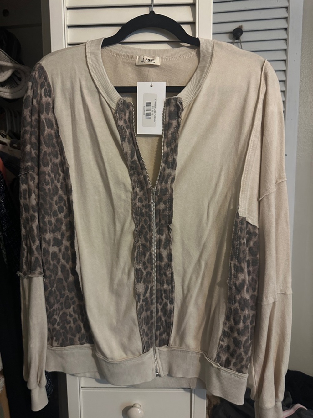 j. Her Cheetah Zip Pullover - Cream with Leopard Trim